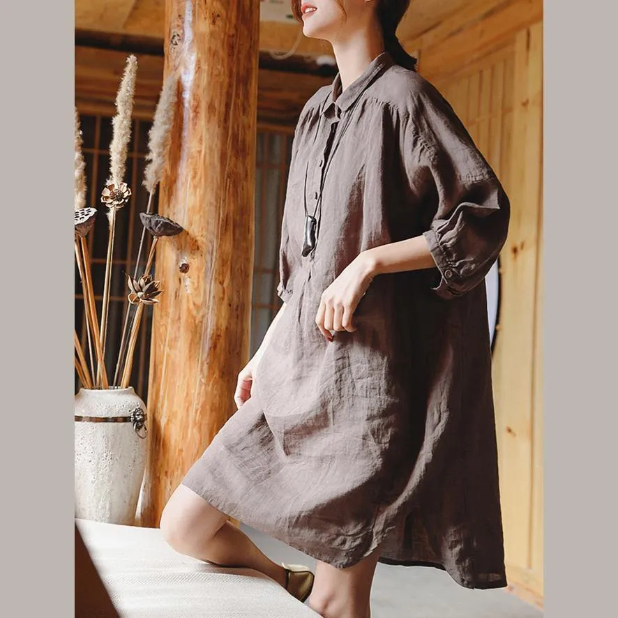 2019 chocolate linen shift dress plus size clothing linen clothing dresses 2018 Three Quarter sleeve baggy dresses Peter pan Collar dresses