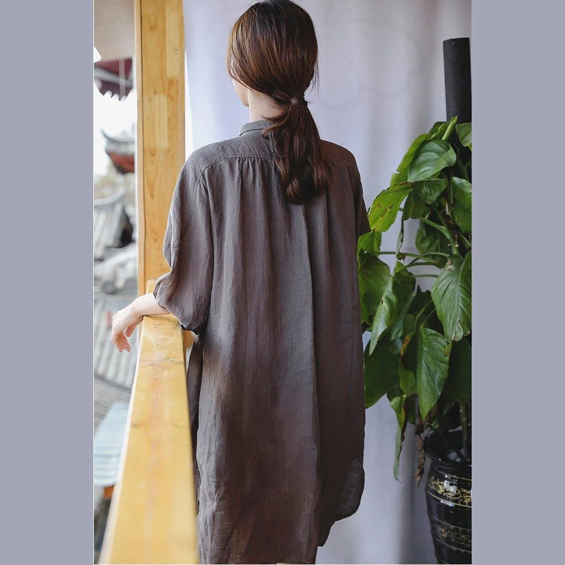 2019 chocolate linen shift dress plus size clothing linen clothing dresses 2018 Three Quarter sleeve baggy dresses Peter pan Collar dresses