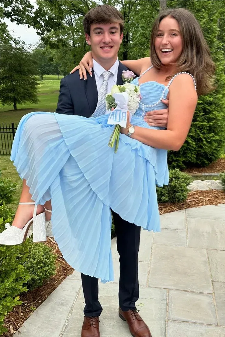 A Line Sweetheart Light Blue Pleat Chiffon Long Prom Dresses