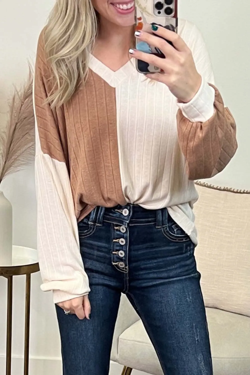 Apricot Color Block Wide Ribbed V Neck Top