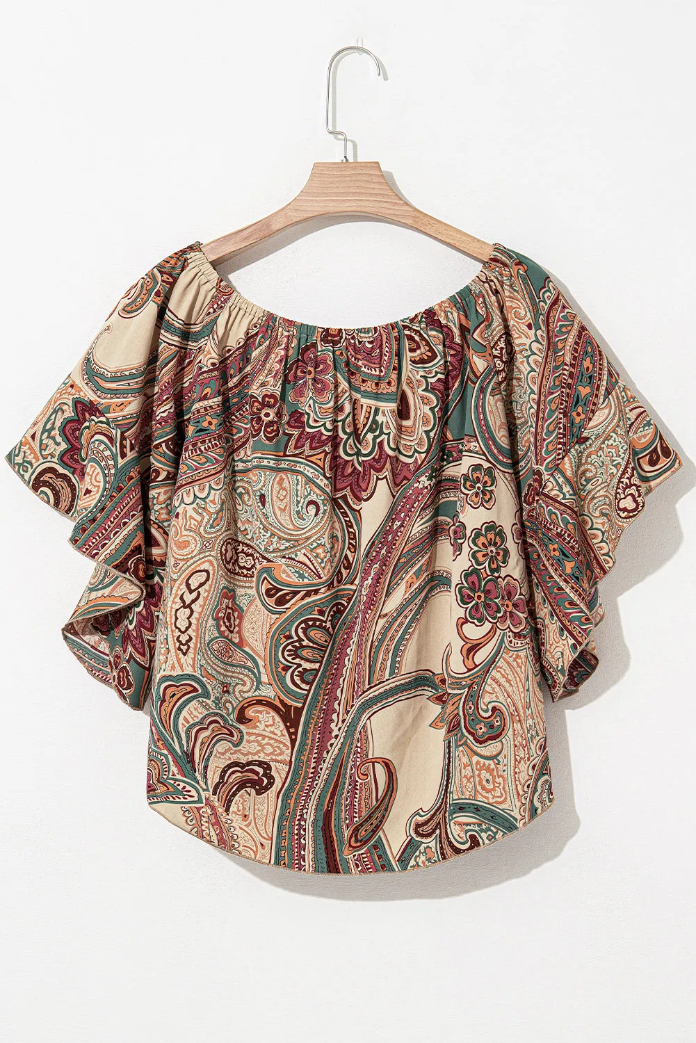 Apricot Paisley Printed Shirred Off Shoulder Ruffled Draped Sleeve Blouse