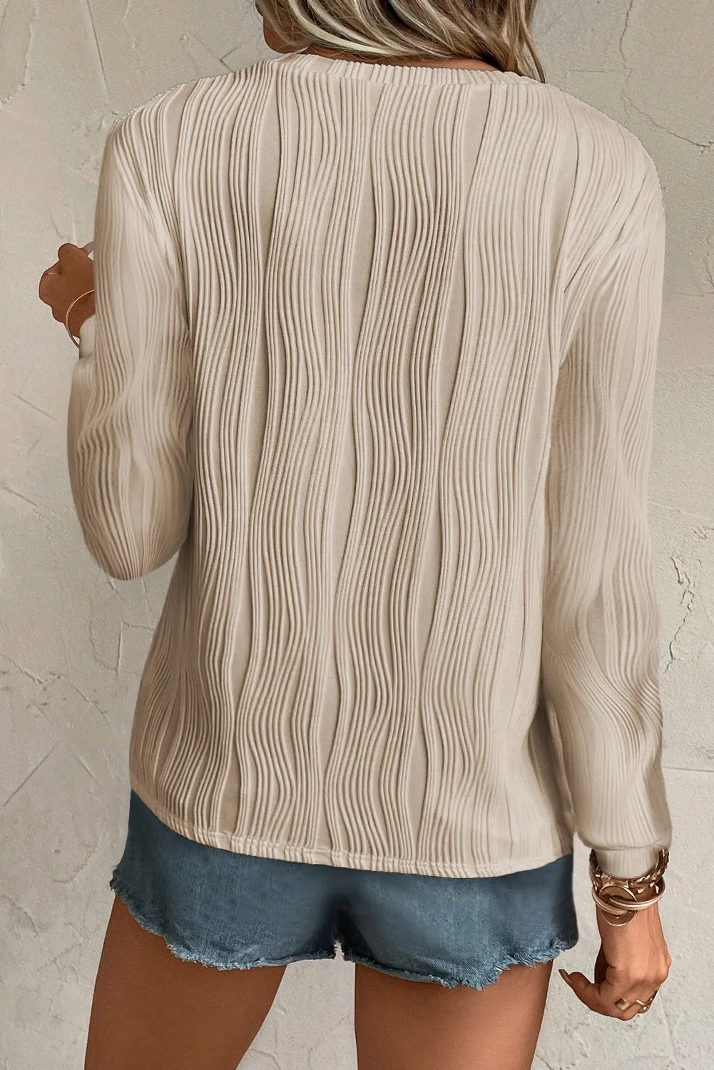 Apricot Textured Wavy Round Neck Long Sleeve Top