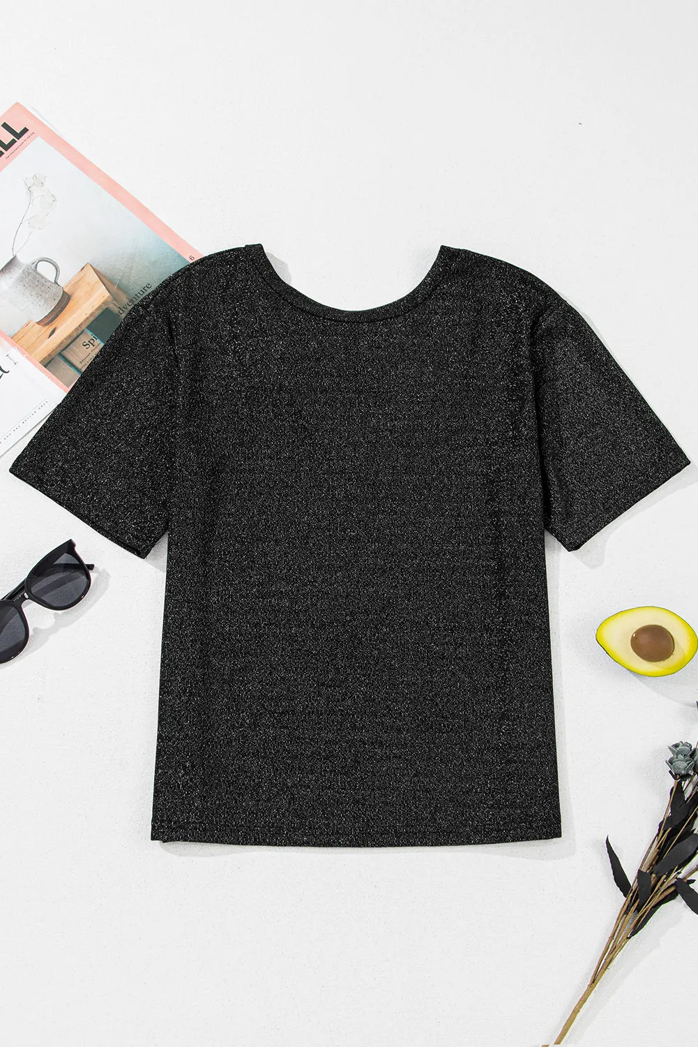 Black Bow Decor Glittery Short Sleeve Top