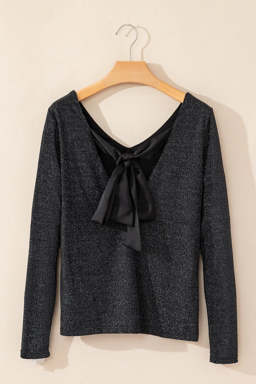 Black Metallic Bowknot Open Back V Neck Top