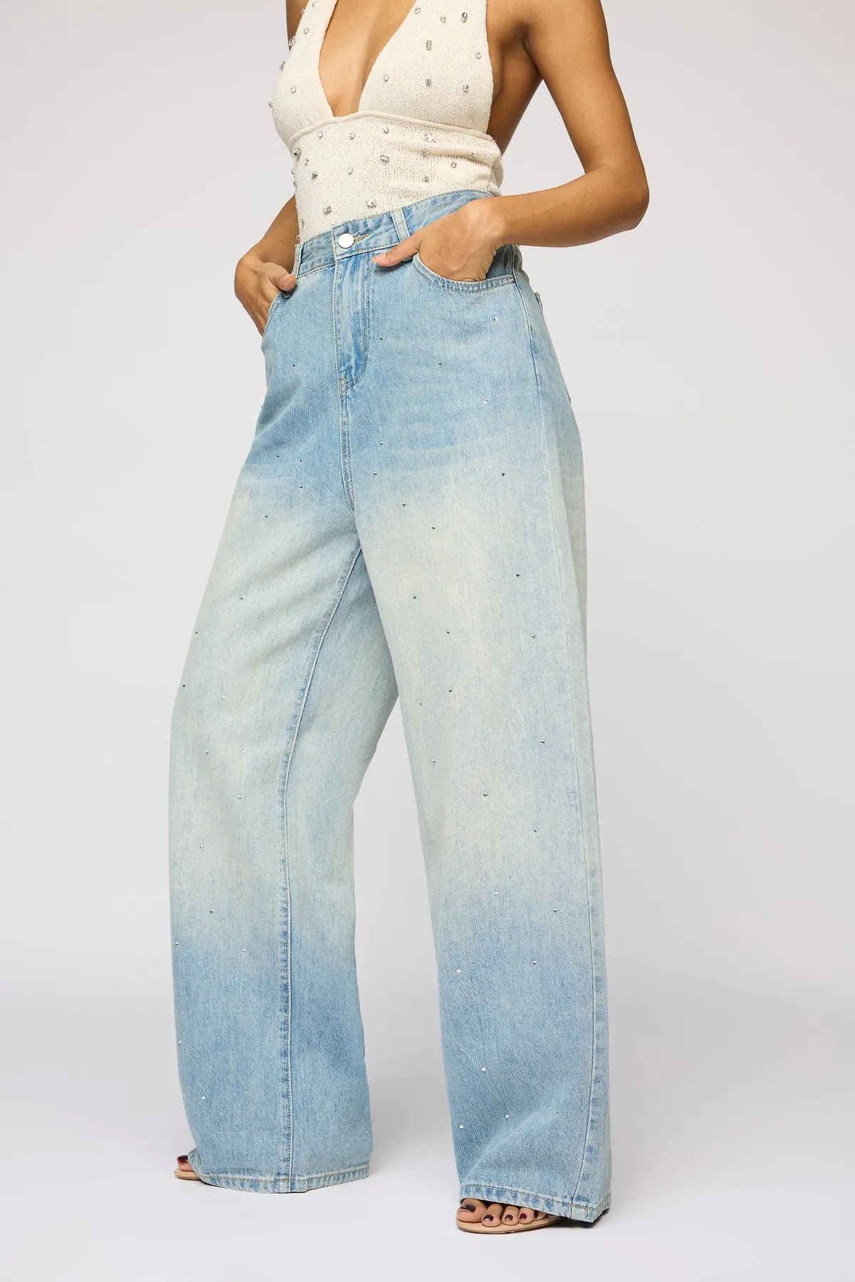 Brightwater Blue Embellished Denim Korean Pants