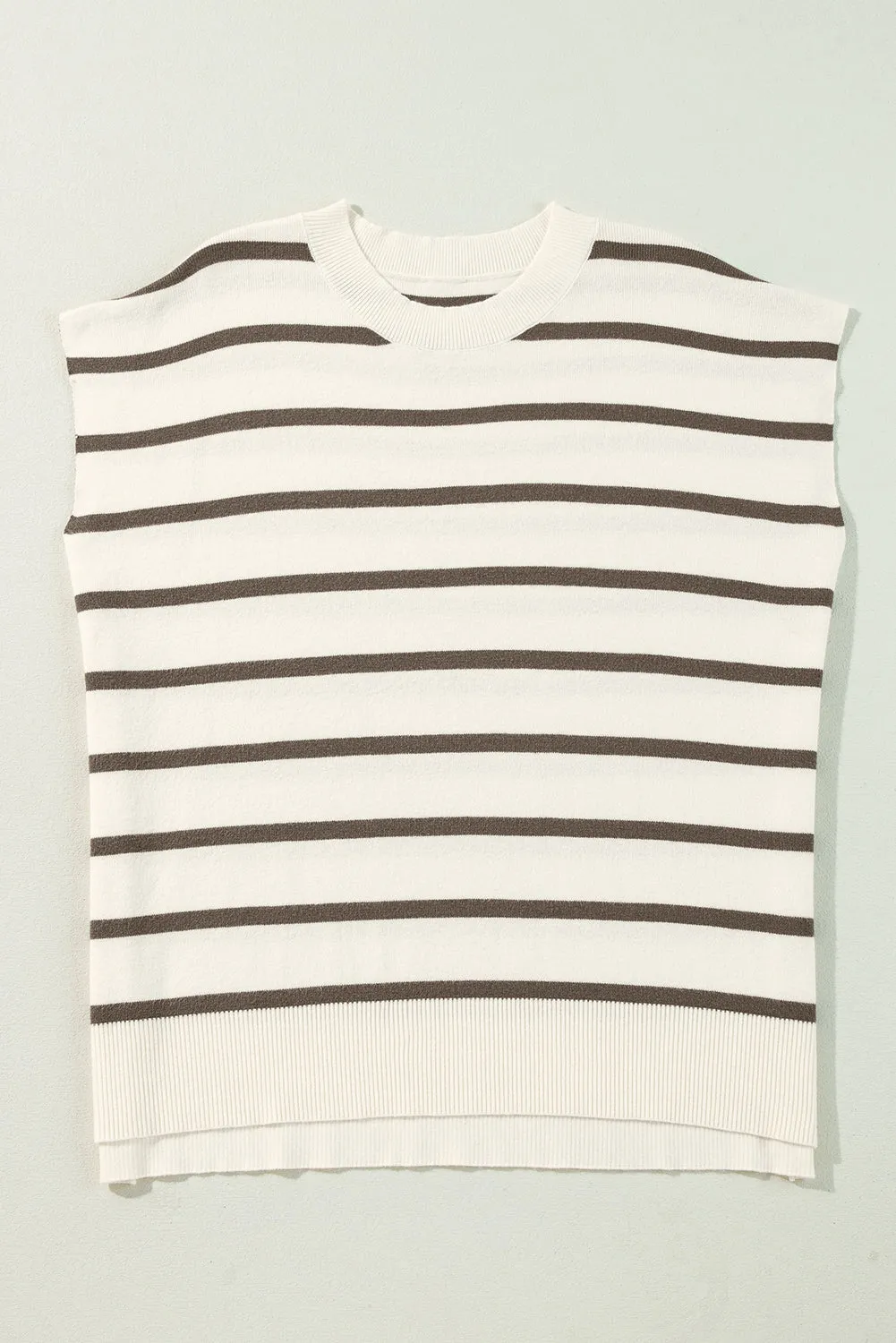 Brown Stripe Side Slits Crewneck Short Sleeve Sweater Tee