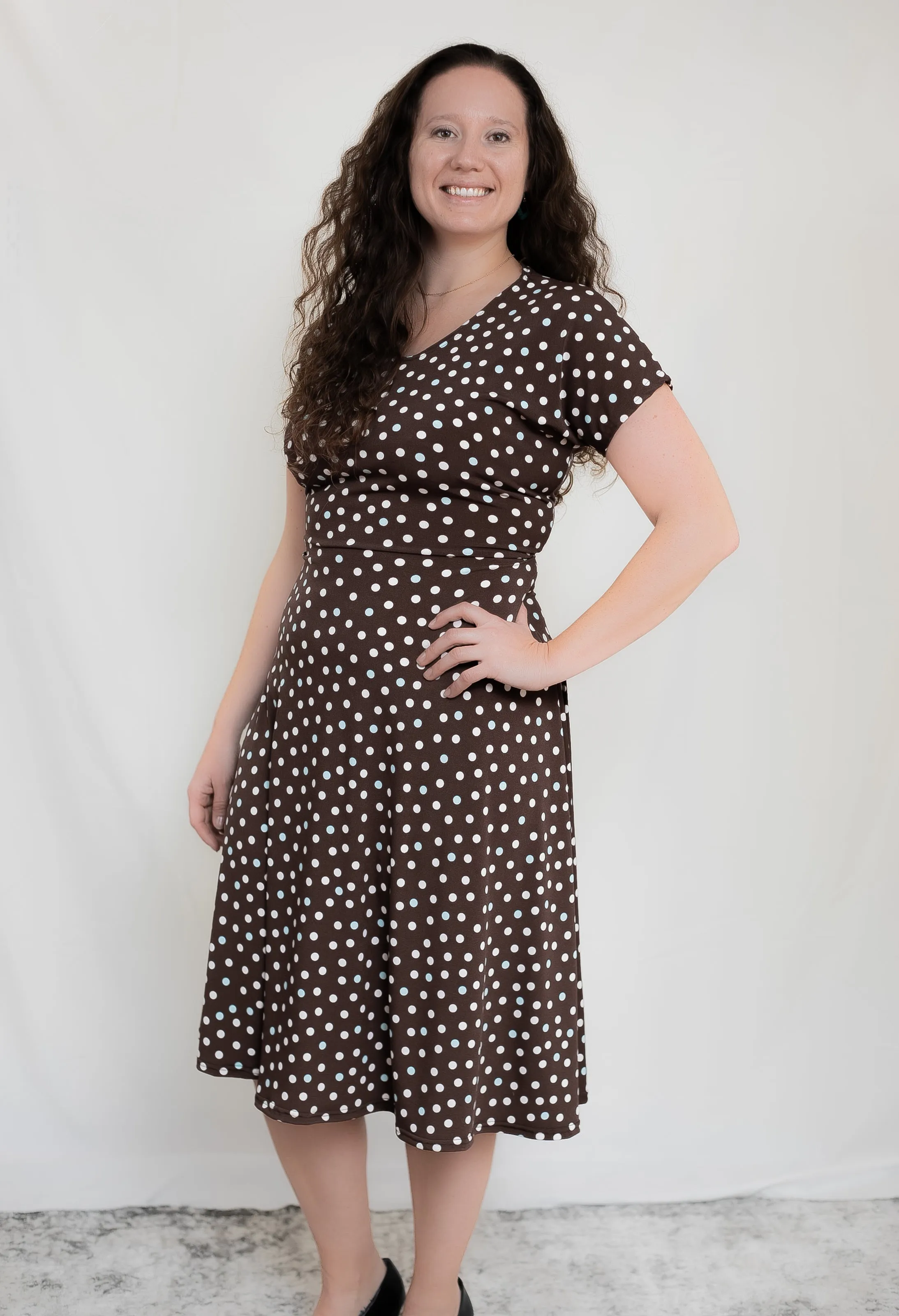 Brown with White and Blue Polka Dot Fit n Flare Dress