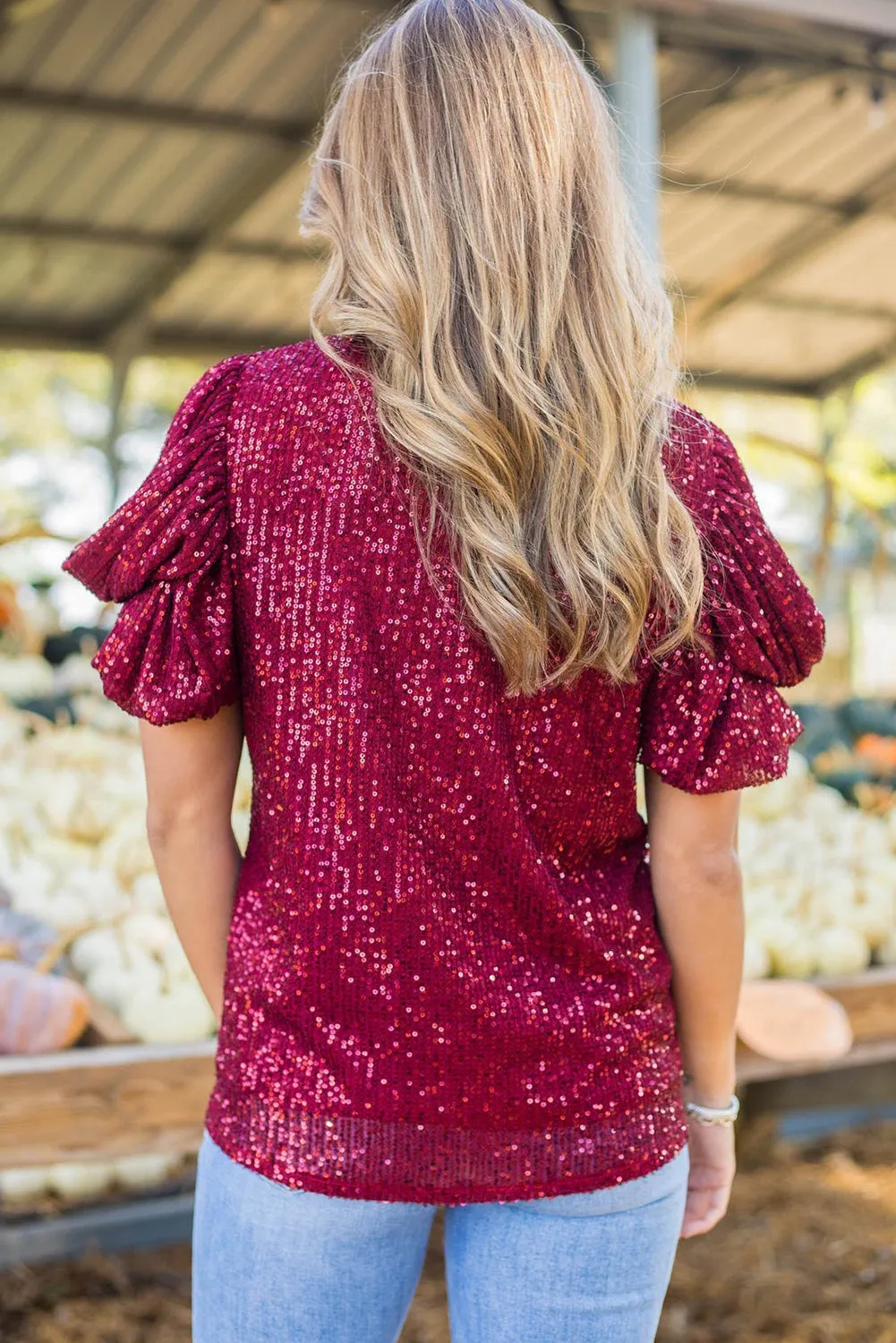 Burgundy Glittering Sequin Short Bubble Sleeve Blouse