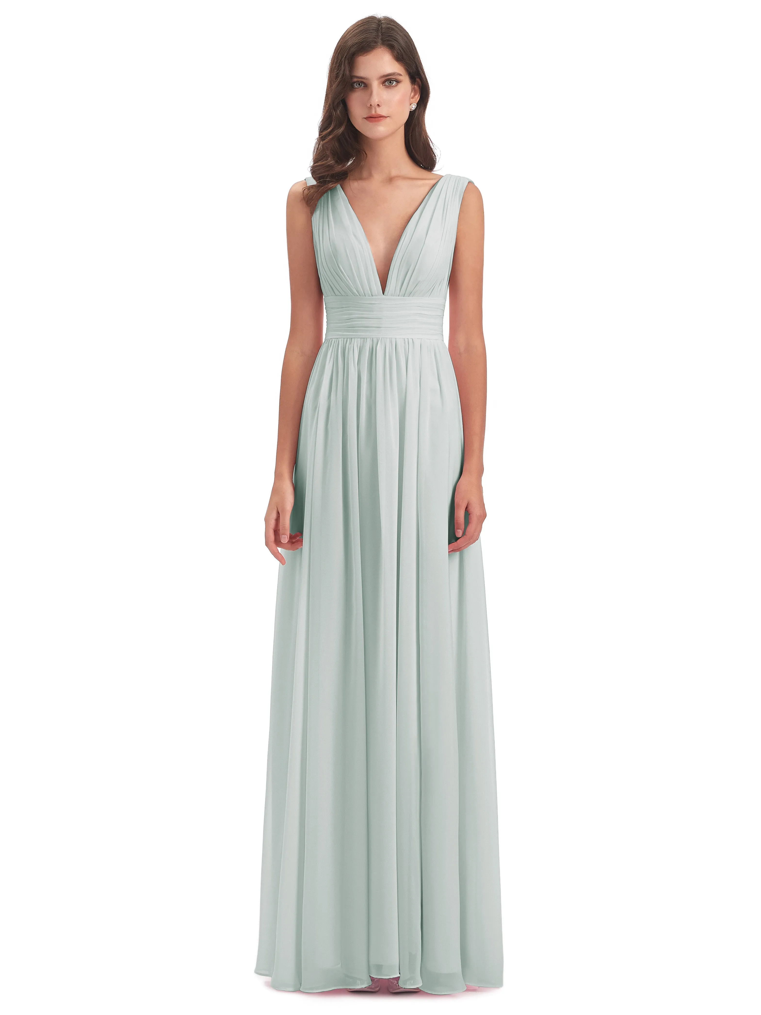 Celadon Bridesmaid Dress Charming Chiffon V Neck Split Long Bridesmaid Dresses