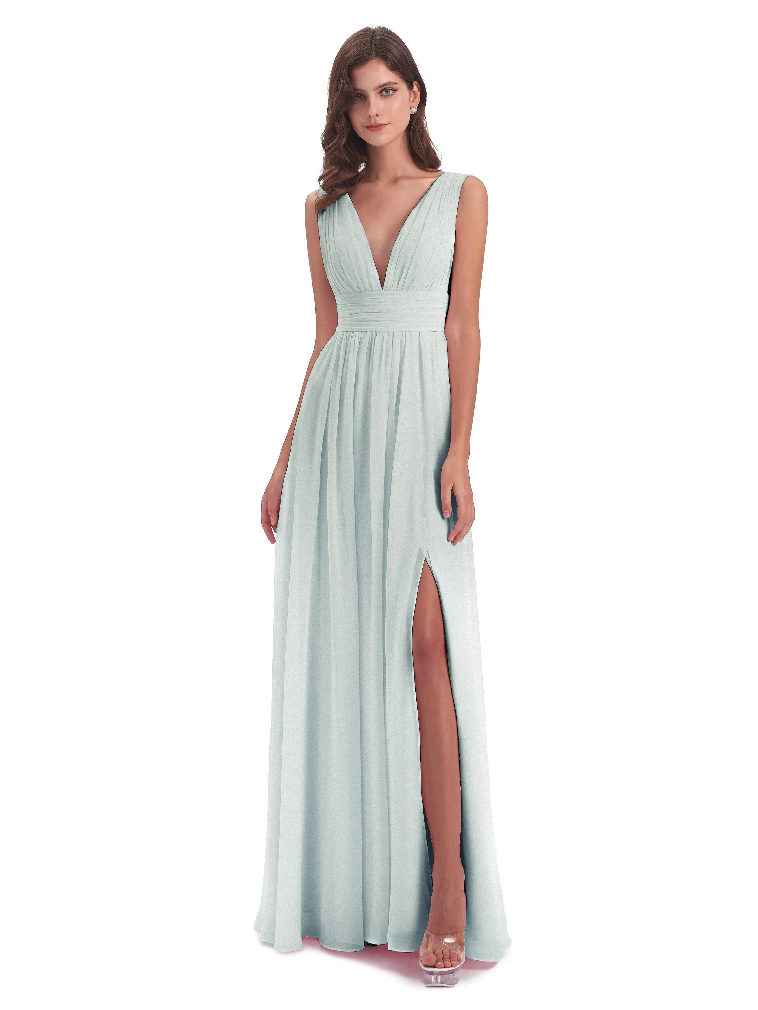 Celadon Bridesmaid Dress Charming Chiffon V Neck Split Long Bridesmaid Dresses