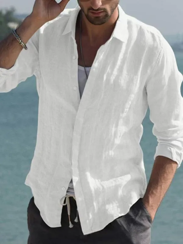 Classic White Linen Long Sleeve Dress Shirt for Men - A Must-Have Fashion Staple