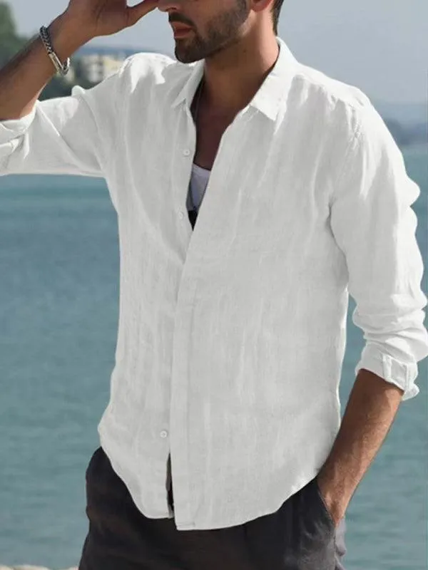 Classic White Linen Long Sleeve Dress Shirt for Men - A Must-Have Fashion Staple