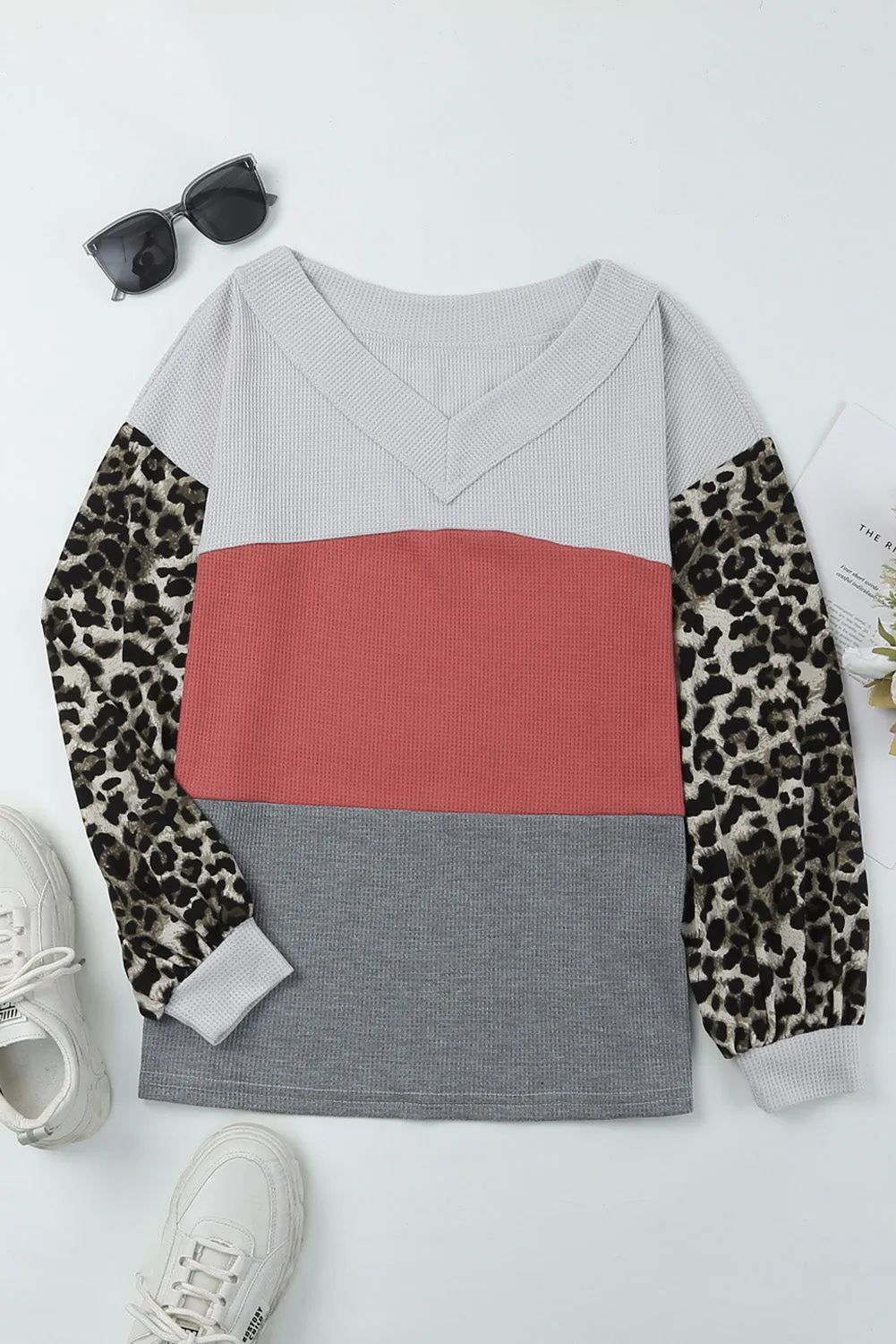 Contrast Sleeve Waffle Knit Top