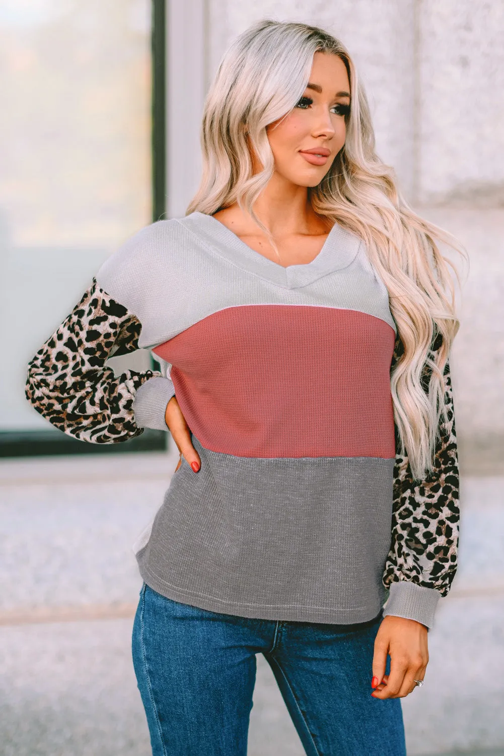 Contrast Sleeve Waffle Knit Top