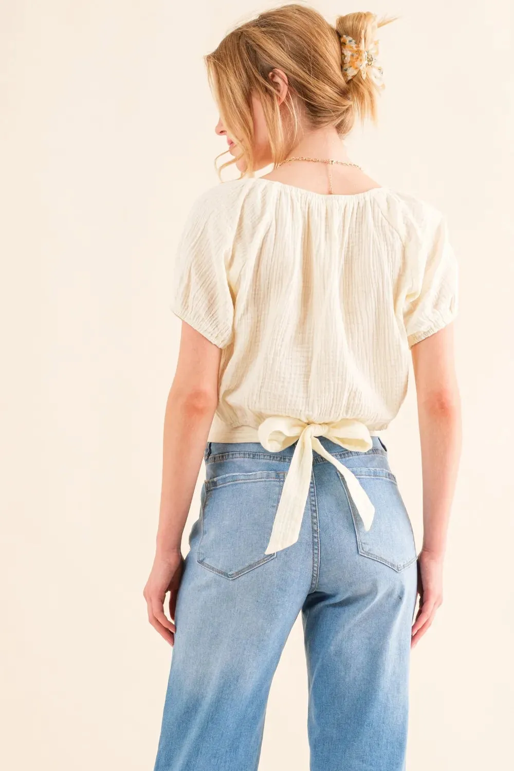 Cotton Gauze Back Waist Tie Cropped Blouse