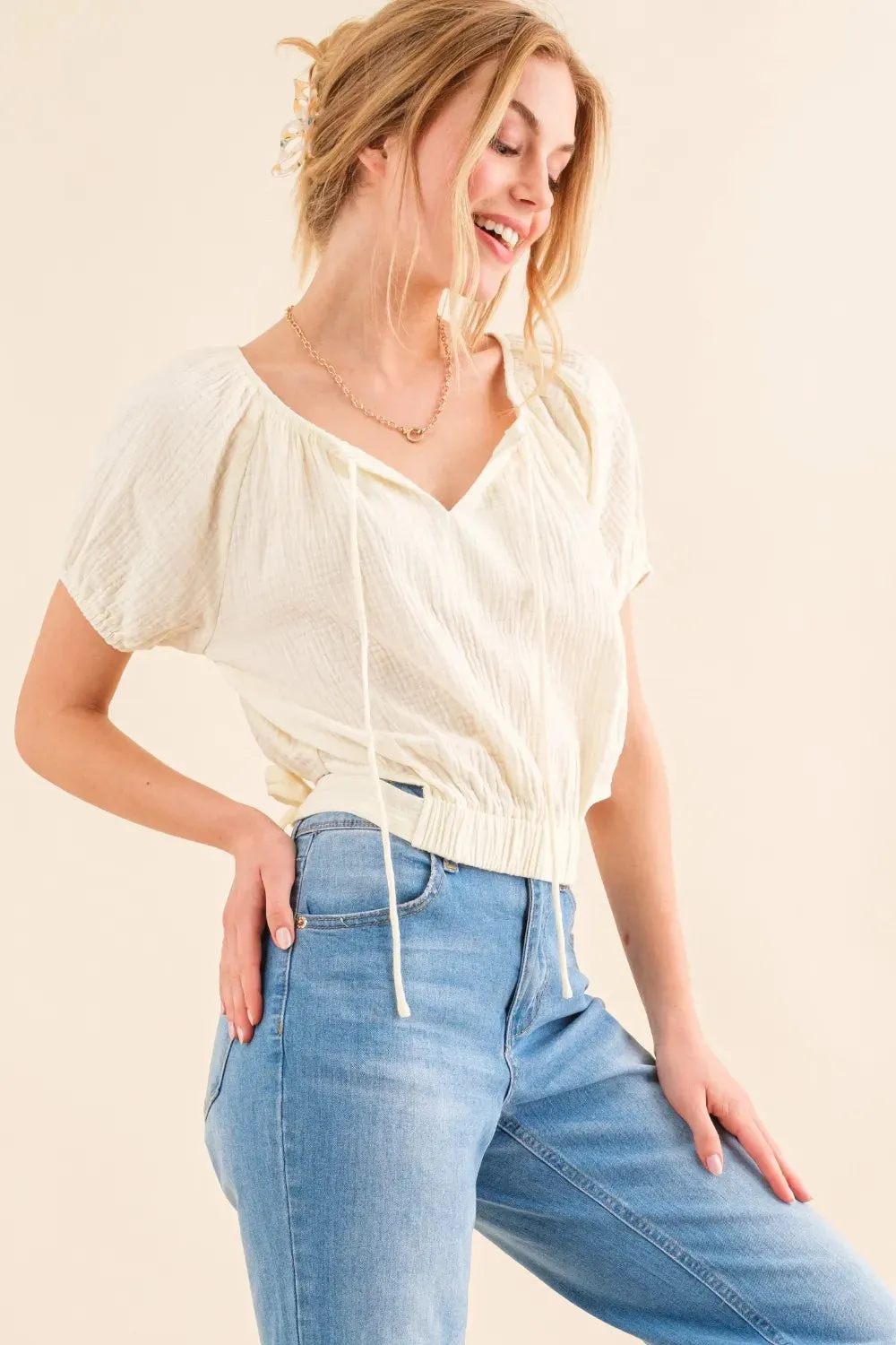 Cotton Gauze Back Waist Tie Cropped Blouse