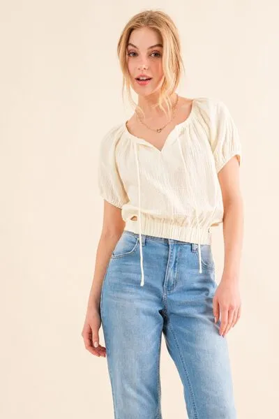 Cotton Gauze Back Waist Tie Cropped Blouse