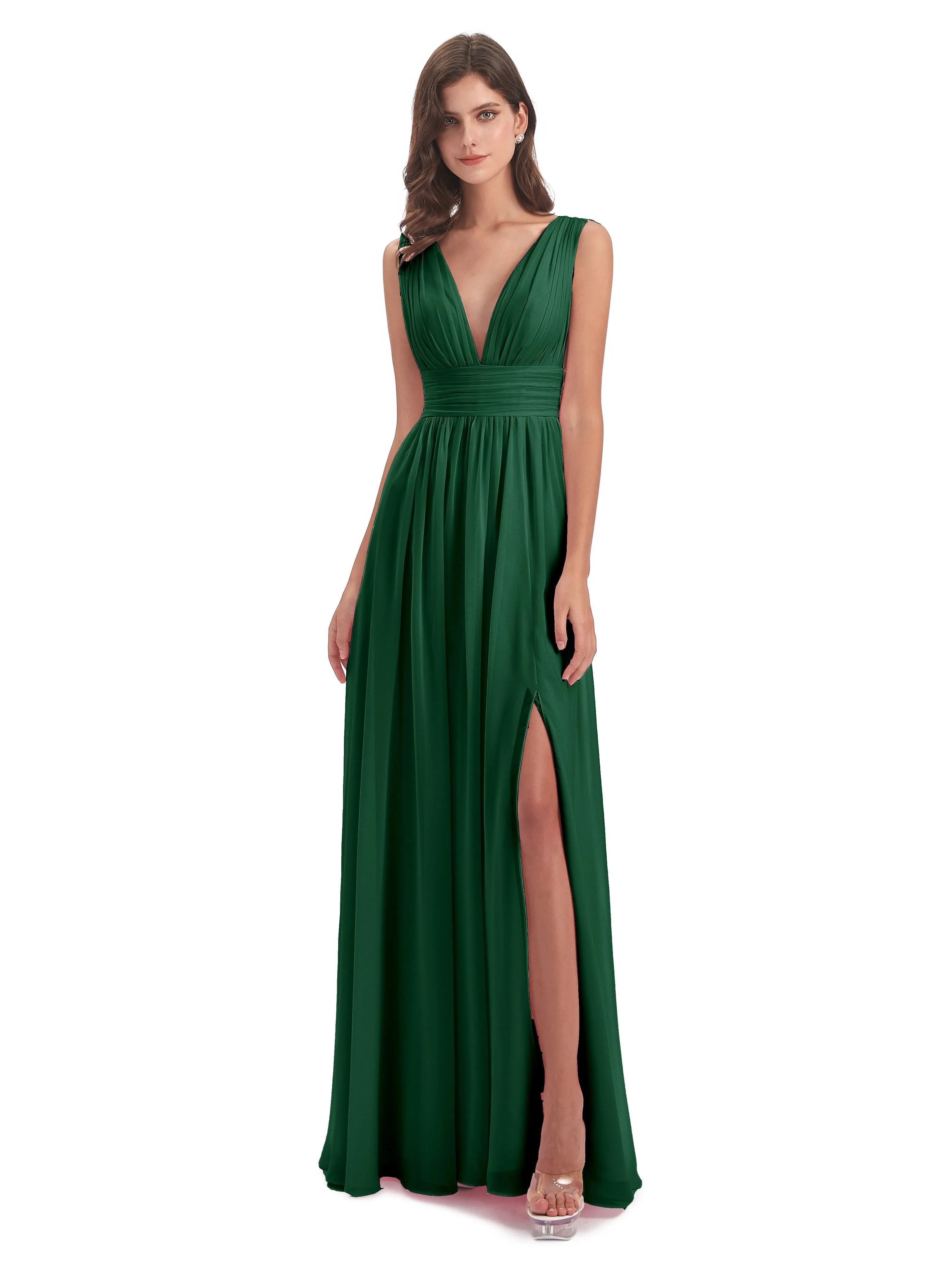 Dark Green Bridesmaids Dresses Charming Chiffon V Neck Split Long Bridesmaid Dresses