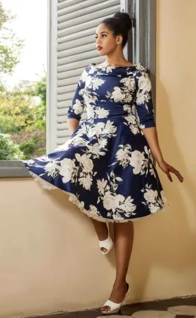 Deborah Flattering Long Sleeves Swing Dress Navy with White Roses