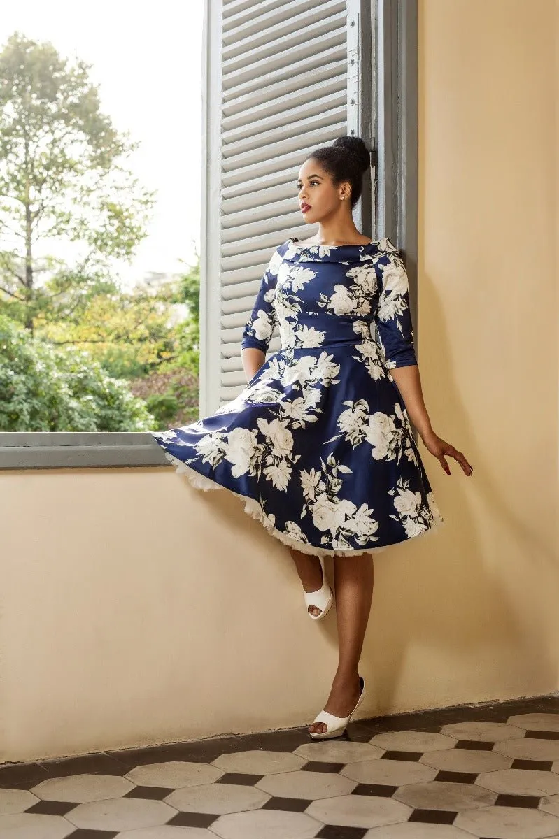 Deborah Flattering Long Sleeves Swing Dress Navy with White Roses