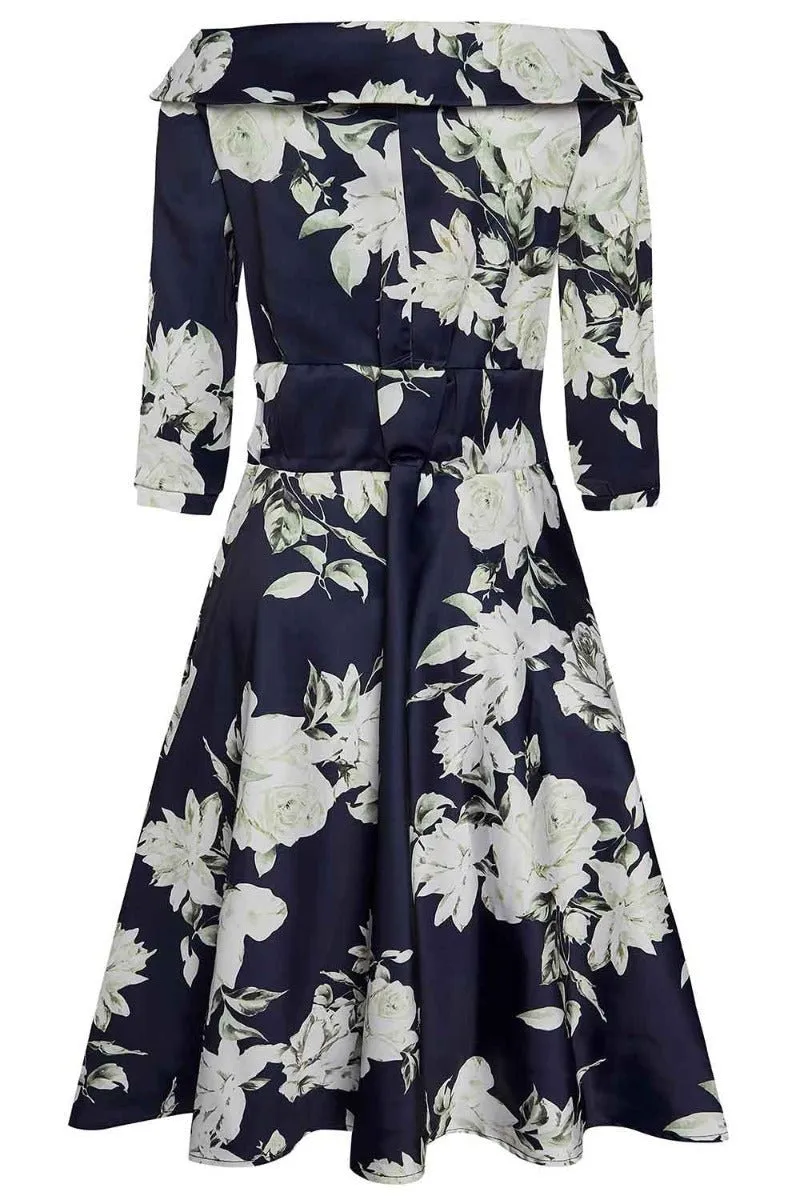 Deborah Flattering Long Sleeves Swing Dress Navy with White Roses