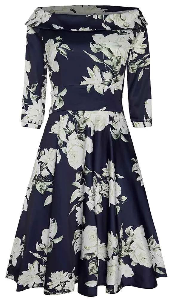 Deborah Flattering Long Sleeves Swing Dress Navy with White Roses