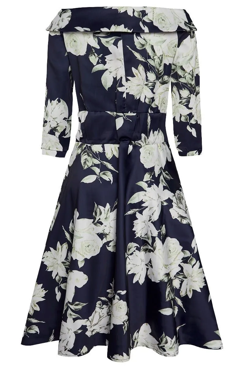 Deborah Flattering Swing Dress Navy with White Flowers