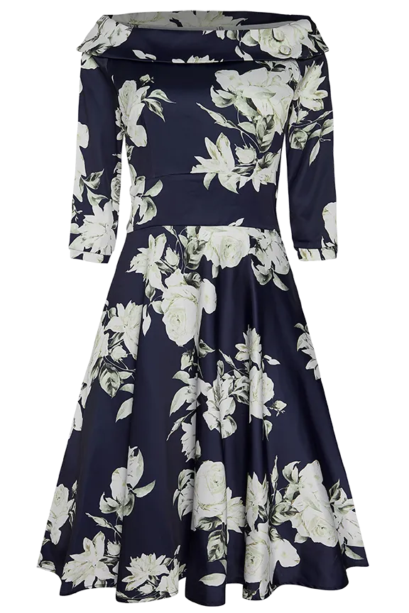 Deborah Flattering Swing Dress Navy with White Flowers