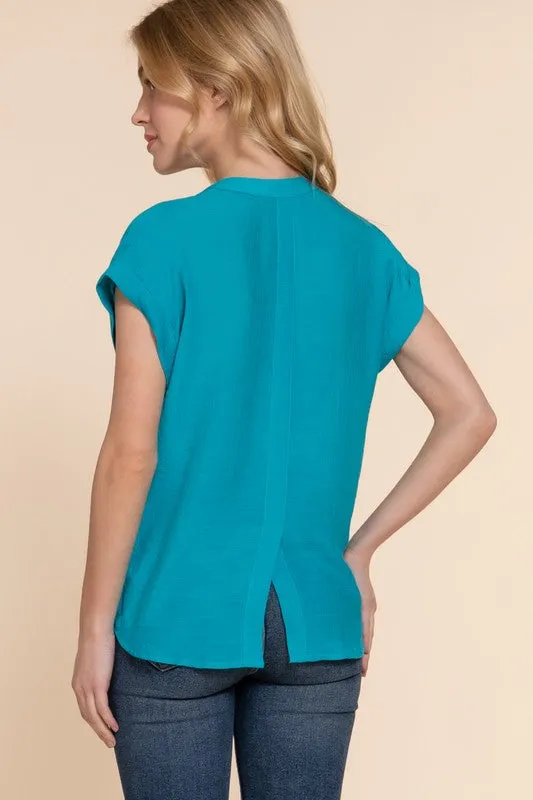 Dolman Sleeve Open Neck with Front Pocket Button Down Woven Top