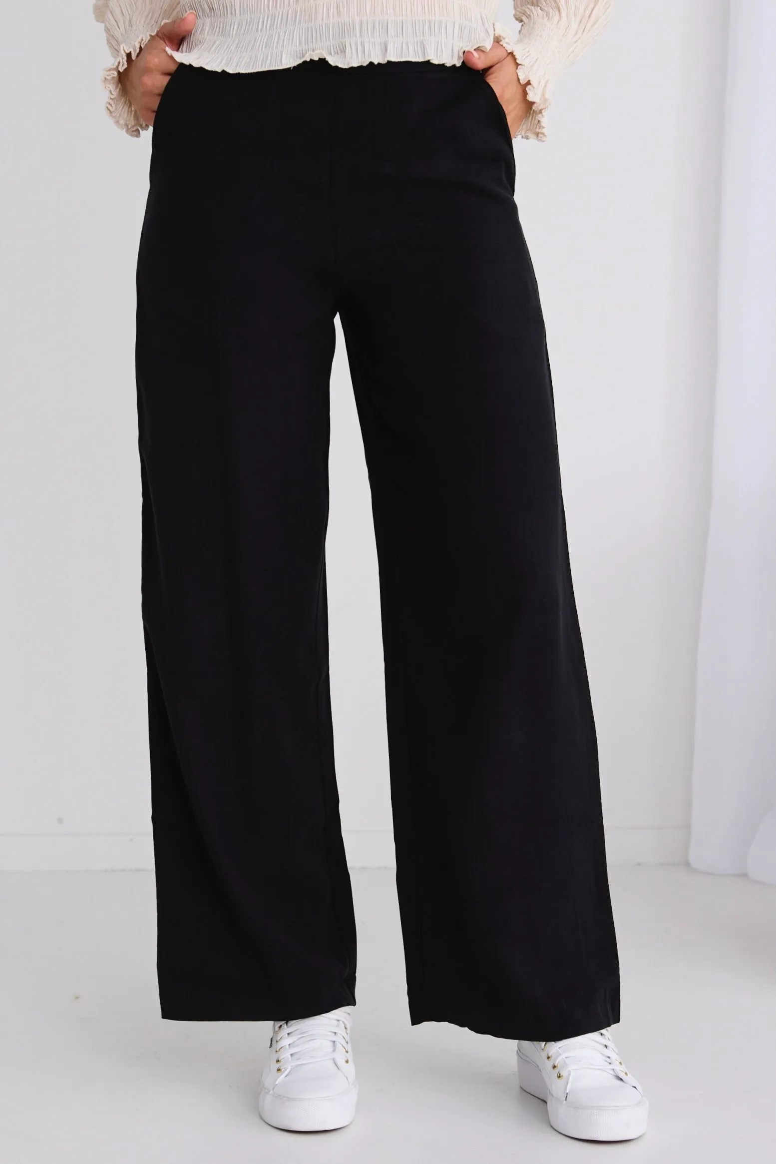 Effortless Black Viscose Deep Band Wide Leg Pant