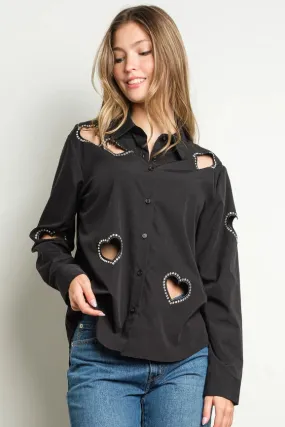 Embellished Heart Cut Out Long Sleeve Blouse Black