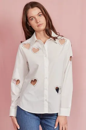 Embellished Heart Cut Out Long Sleeve Blouse White