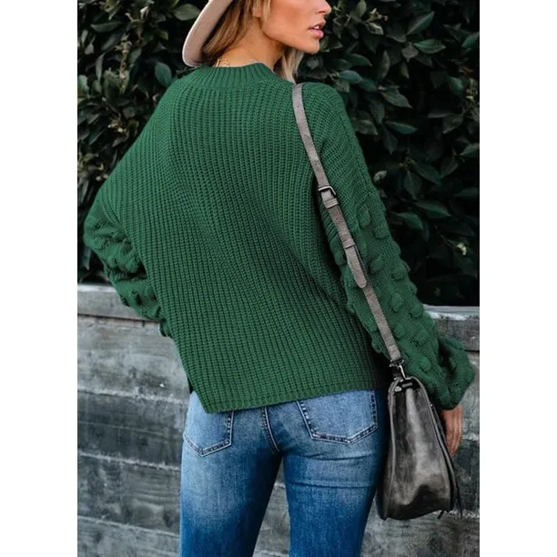 Fantaslook Womens Sweaters Oversized Crewneck Puff Sleeves Chunky Knit Pullover Sweater