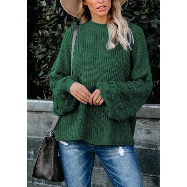 Fantaslook Womens Sweaters Oversized Crewneck Puff Sleeves Chunky Knit Pullover Sweater