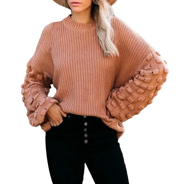 Fantaslook Womens Sweaters Oversized Crewneck Puff Sleeves Chunky Knit Pullover Sweater