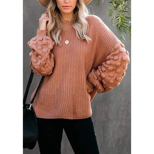 Fantaslook Womens Sweaters Oversized Crewneck Puff Sleeves Chunky Knit Pullover Sweater