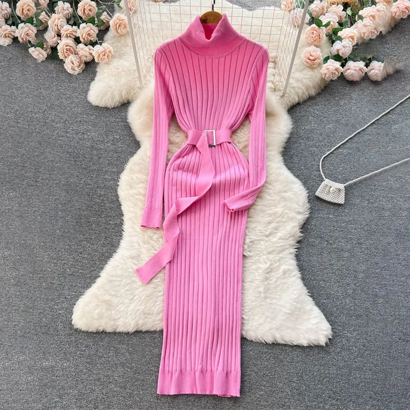 Figure-Flattering Long Sleeve Knitted Turtleneck Bodycon Sweater Dress with Belt