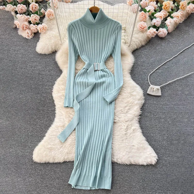 Figure-Flattering Long Sleeve Knitted Turtleneck Bodycon Sweater Dress with Belt