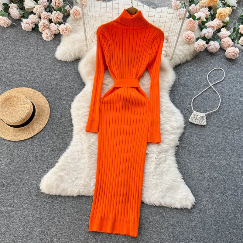 Figure-Flattering Long Sleeve Knitted Turtleneck Bodycon Sweater Dress with Belt