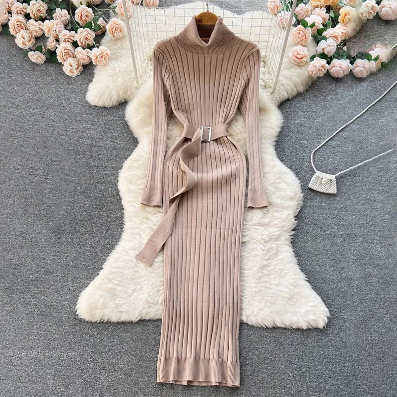 Figure-Flattering Long Sleeve Knitted Turtleneck Bodycon Sweater Dress with Belt