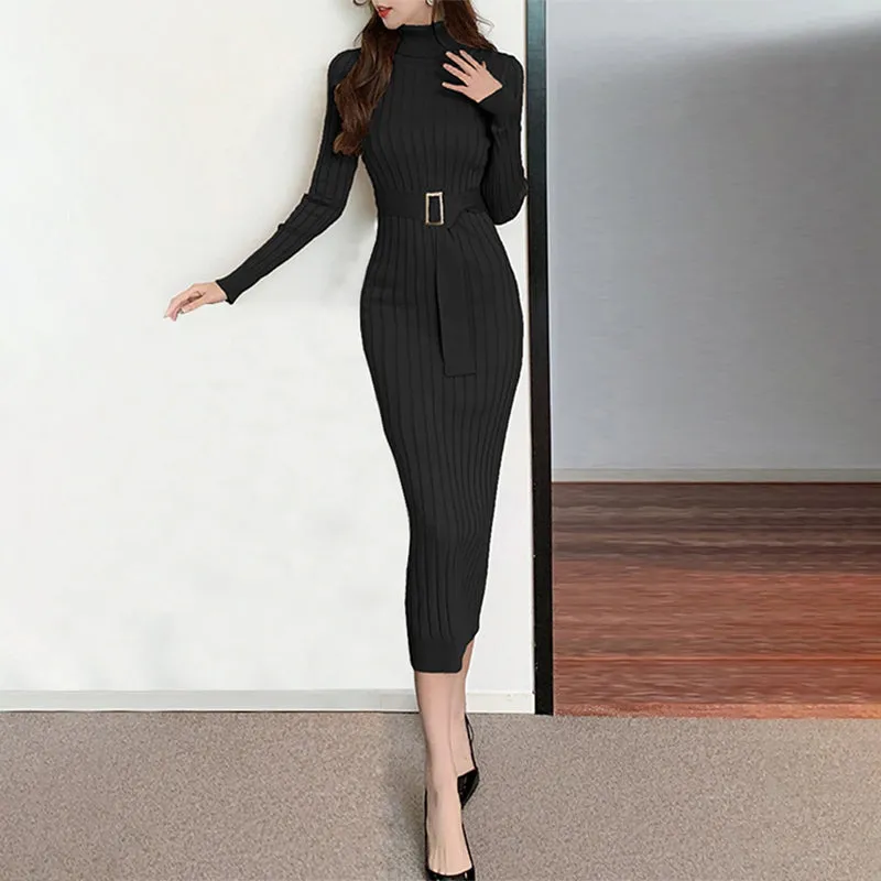 Figure-Flattering Long Sleeve Knitted Turtleneck Bodycon Sweater Dress with Belt