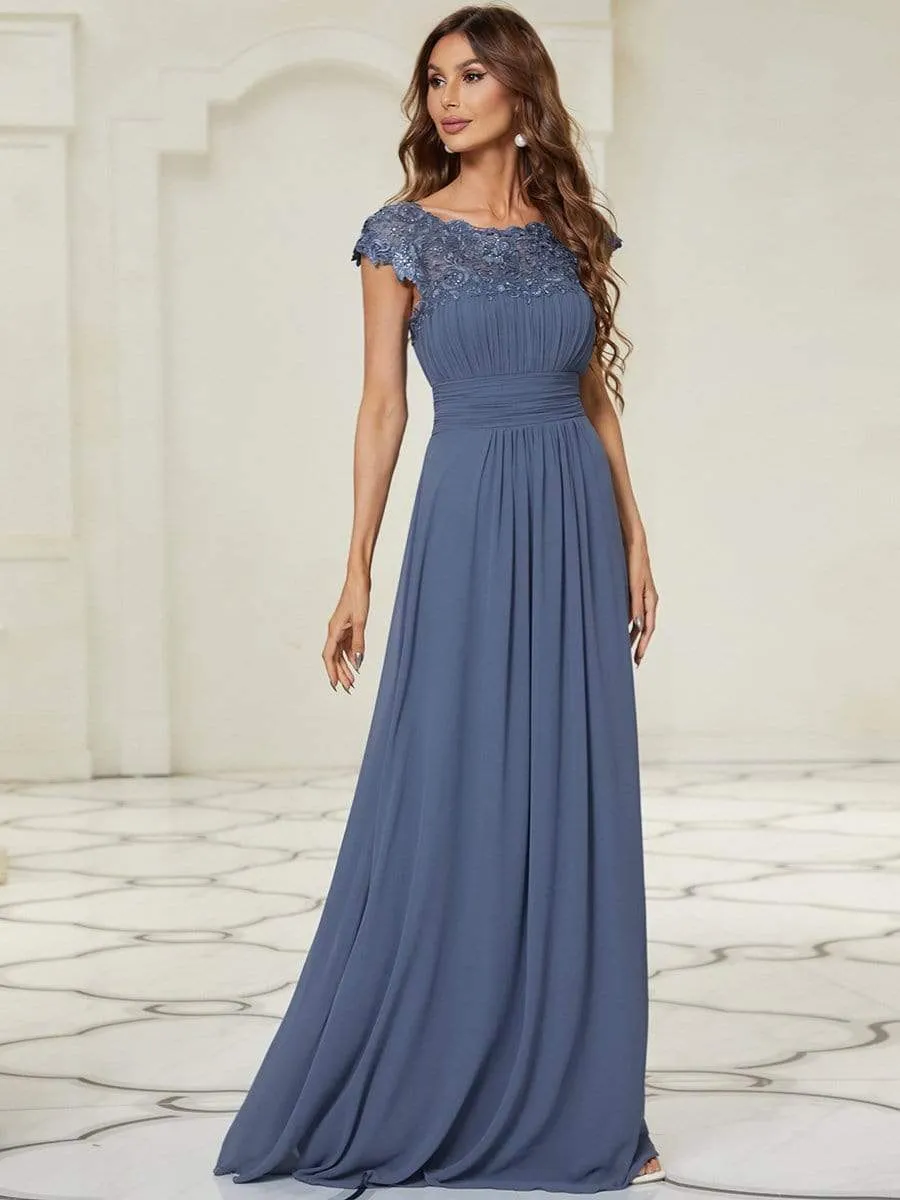 Flattering A-Line Chiffon Lace Dress with Cap Sleeve in Dusty Blue