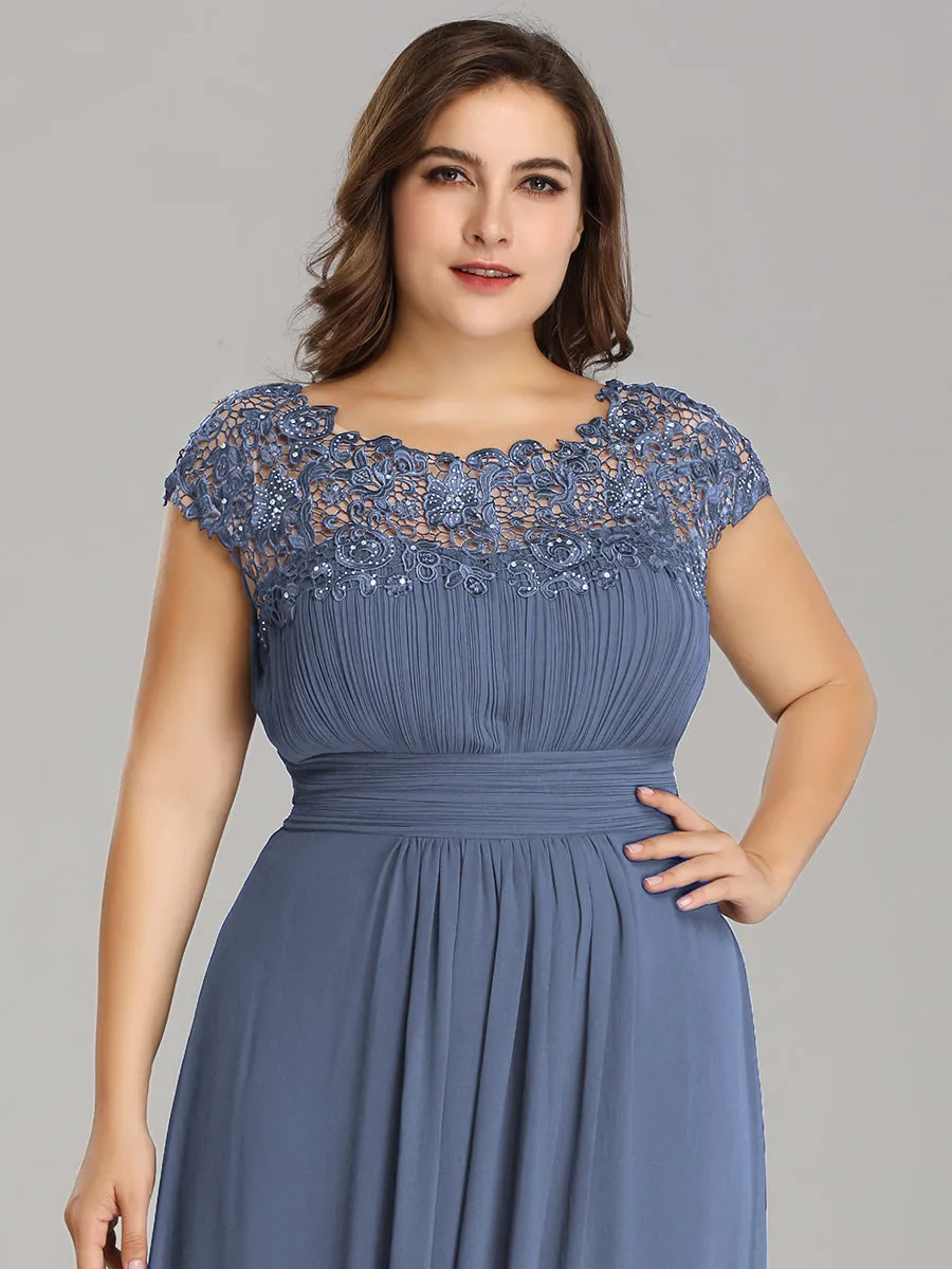 Flattering A-Line Chiffon Lace Dress with Cap Sleeve in Dusty Blue