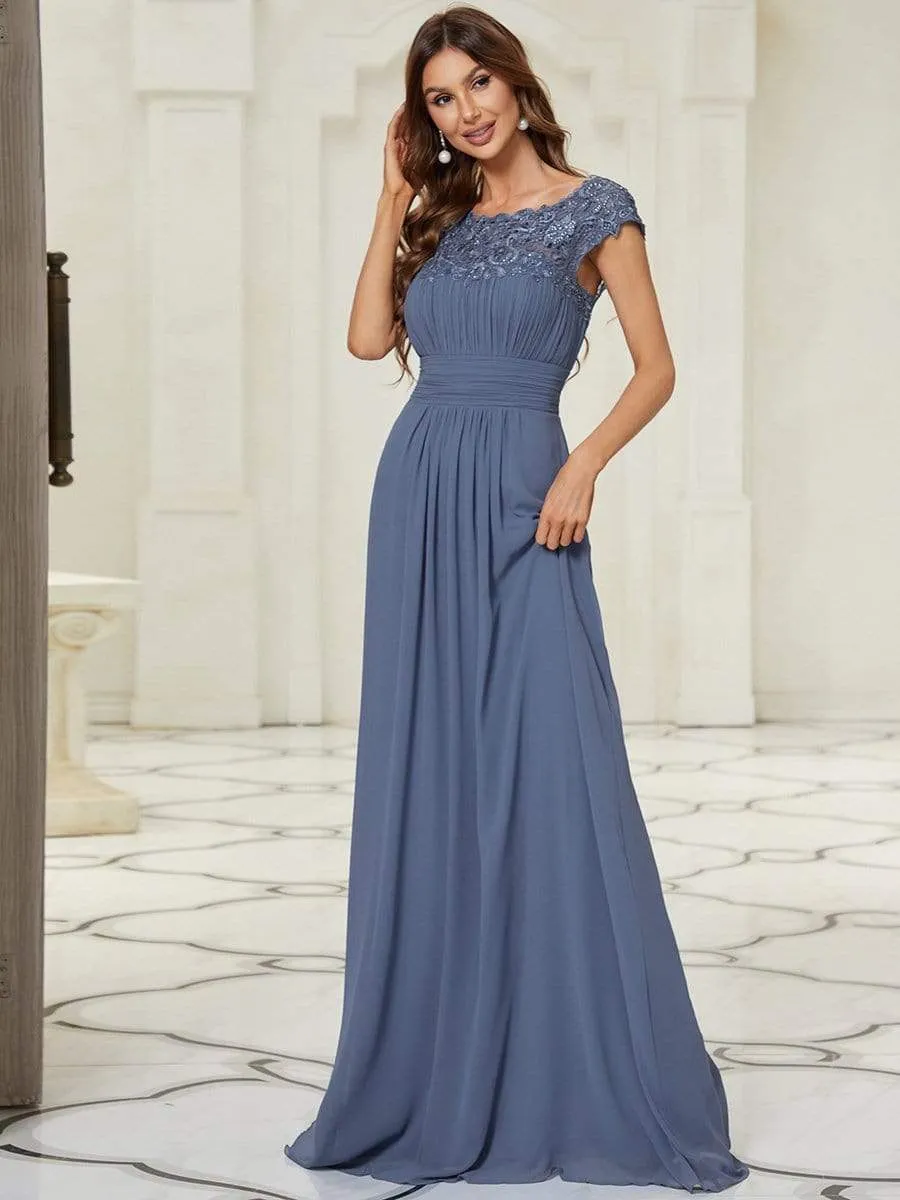 Flattering A-Line Chiffon Lace Dress with Cap Sleeve in Dusty Blue