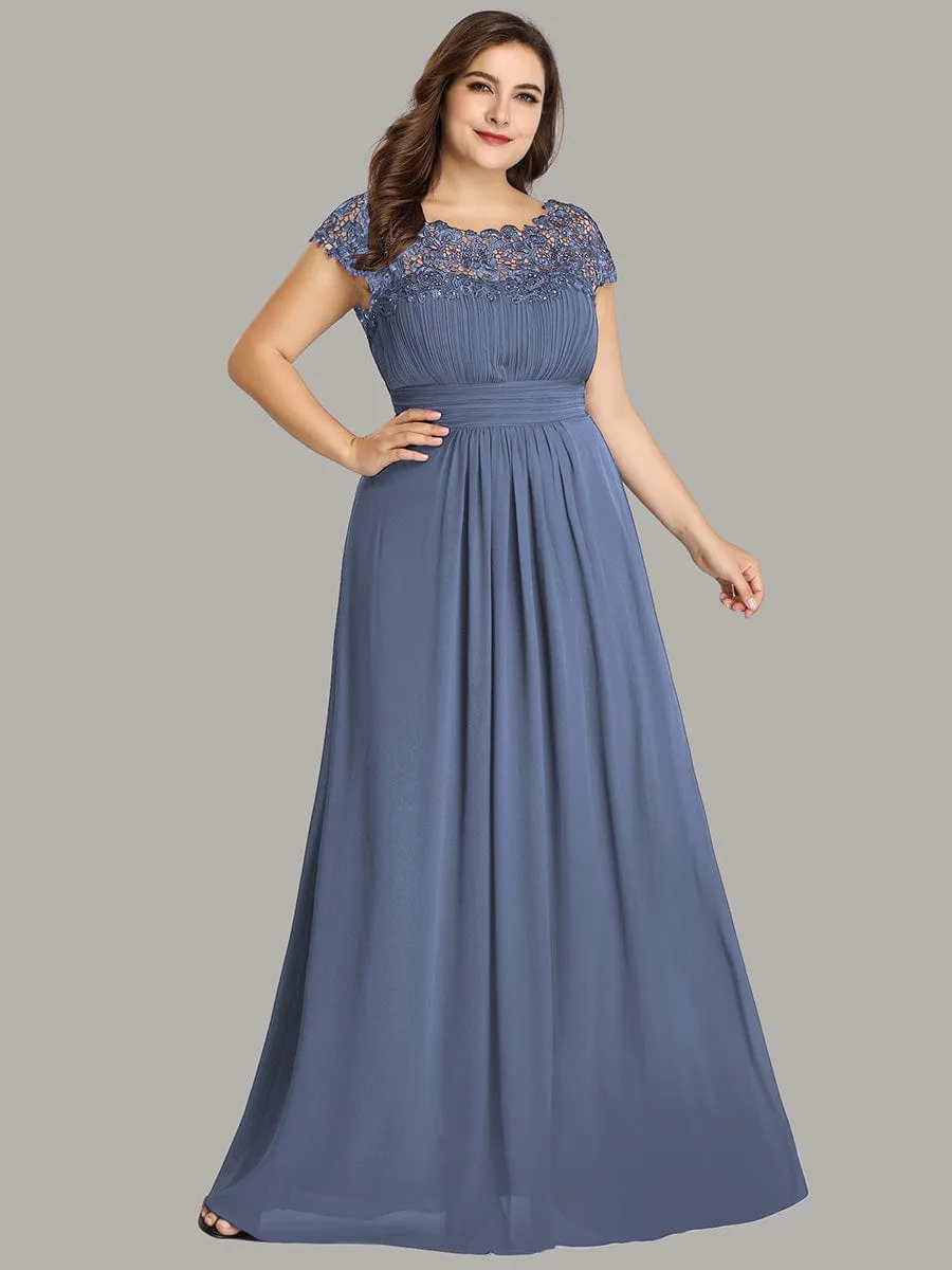 Flattering A-Line Chiffon Lace Dress with Cap Sleeve in Dusty Blue