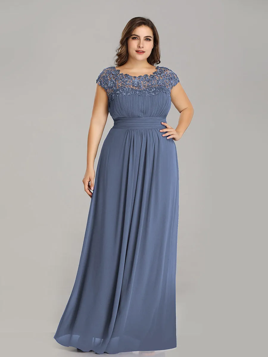 Flattering A-Line Chiffon Lace Dress with Cap Sleeve in Dusty Blue