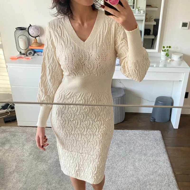 Flattering Hollow Out Knitted Long Sleeve Sweater Dresses