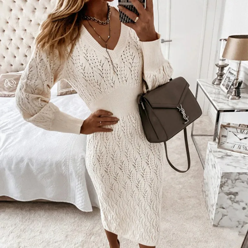 Flattering Hollow Out Knitted Long Sleeve Sweater Dresses