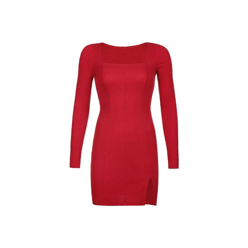 Flattering Knitted Long Sleeve Ruffles Bodycon Dresses