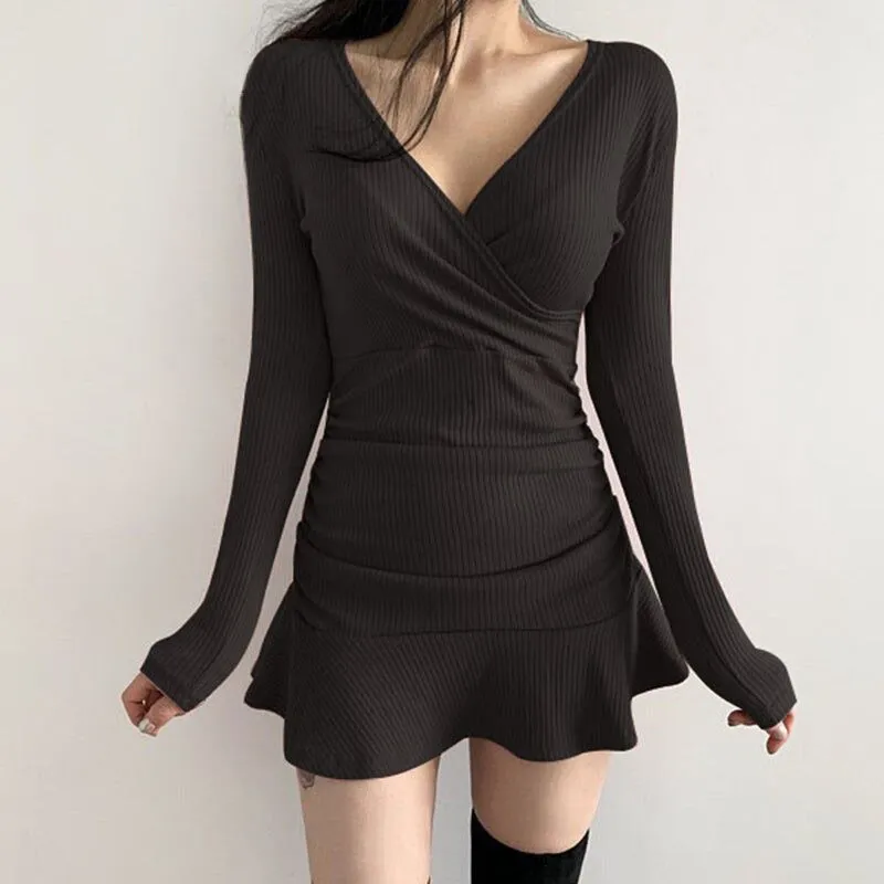 Flattering Knitted Long Sleeve Ruffles Bodycon Dresses